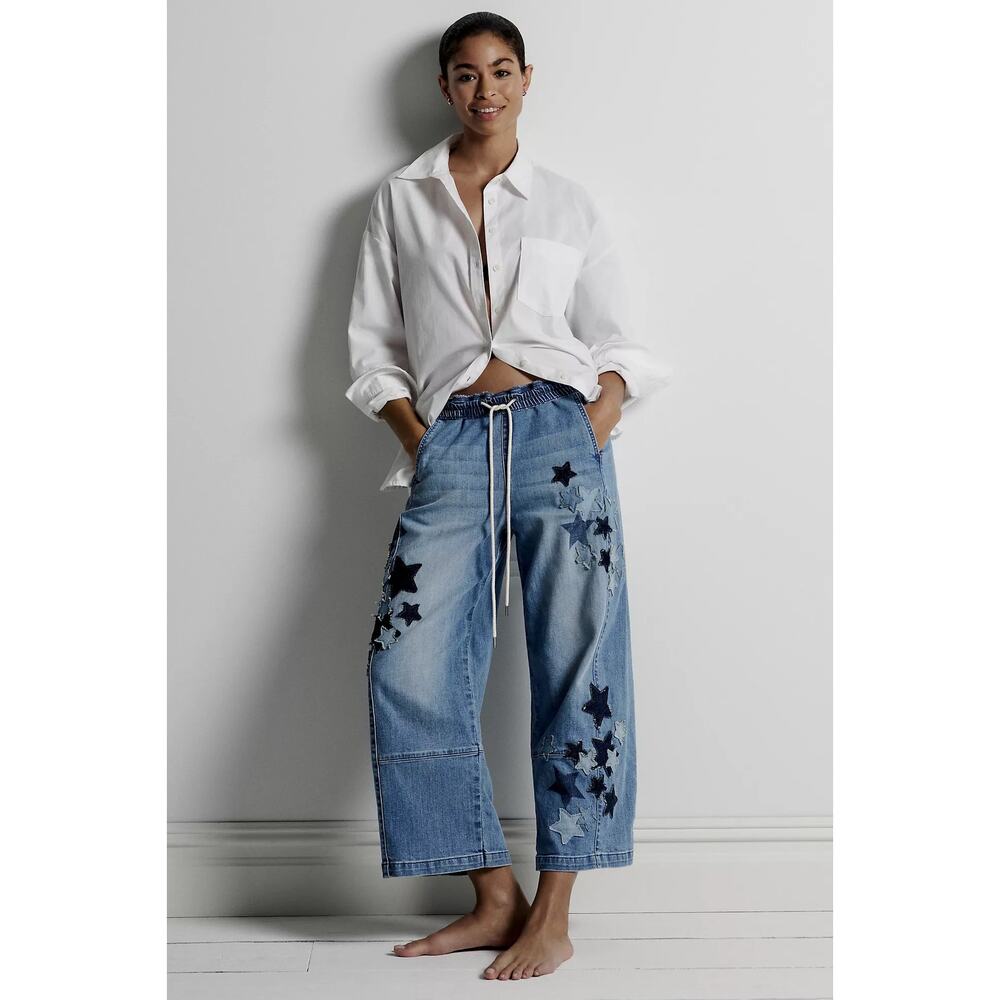 nwt ANTHROPOLOGIE PILCRO sz M The Izzie Pull-On Barrel Jeans w star applique - Picture 2 of 7